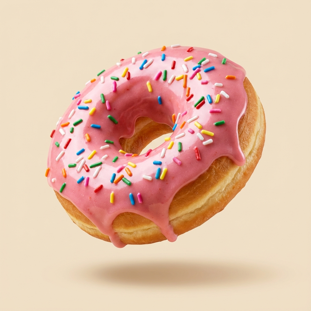 Donut americano com cobertura rosa e granulados coloridos